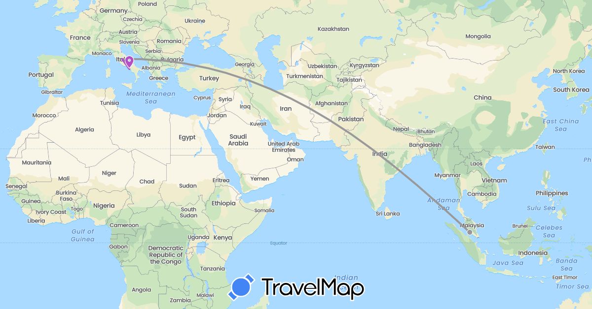 TravelMap itinerary: driving, plane, train in Italy, Malaysia (Asia, Europe)